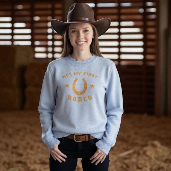 Miss Sparkling Not My First Rodeo Distressed  Sweater Blue Horseshoe Western - Picture 11 of 11